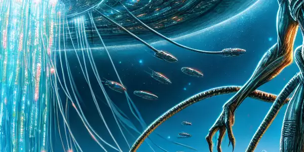 外星生物与人类抵抗组织在科幻场景中追逐。